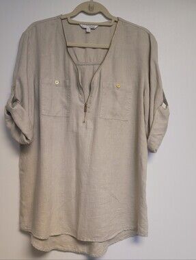 Ellen Tracy Women Roll Tab Short Sleeve Linen Tunic 1/4 Zip Shirt/Top/Blouse L